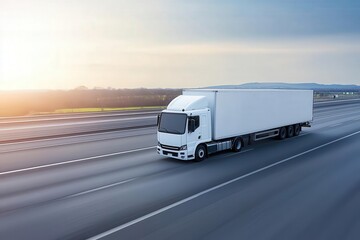 White delivery truck moving on an empty highway during sunset.