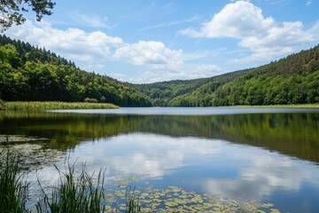 Fototapeta premium Tranquil lake surrounded by lush forests and soft clouds on a sunny day in early summer