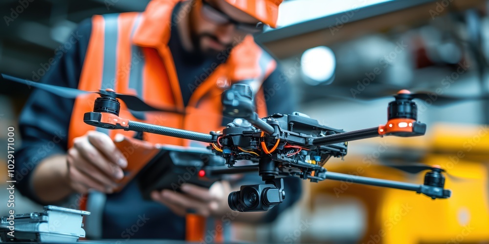 Poster engineer calibrating sensors on a drone, fine-tuning the controls for optimal flight performance.