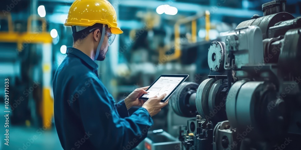 Poster engineer conducting a technical review of machinery in a factory, wearing a safety helmet and using 