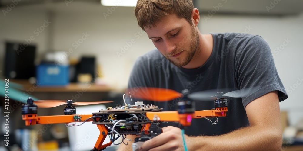 Poster engineer designing a custom-built drone, working on aerodynamics and integrating sensors.