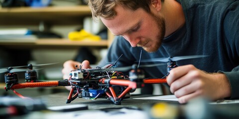 Engineer designing a custom-built drone, working on aerodynamics and integrating sensors.