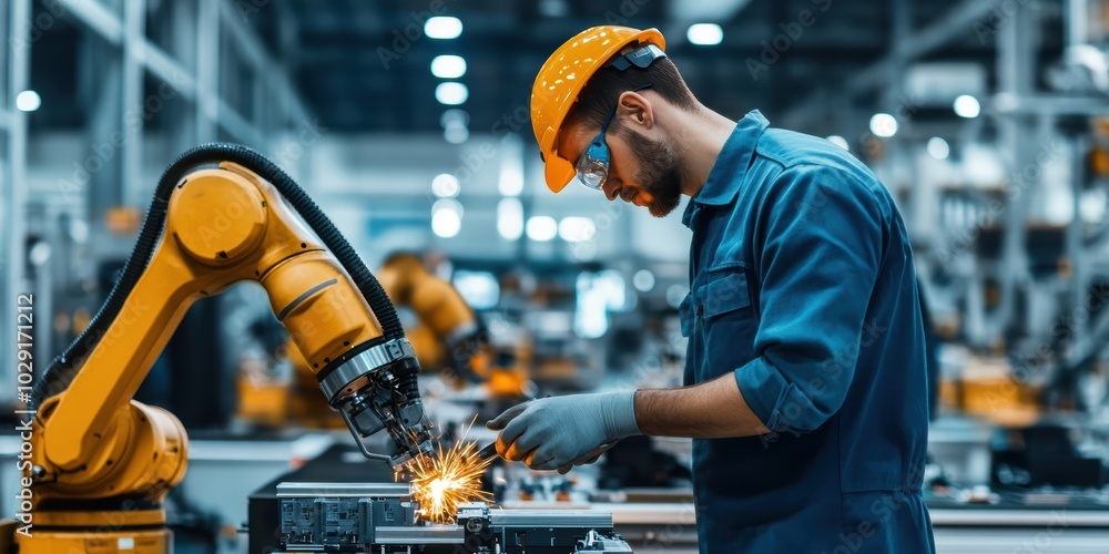 Poster engineer fixing a broken robotic arm on an assembly line, sparks flying from the soldering iron.