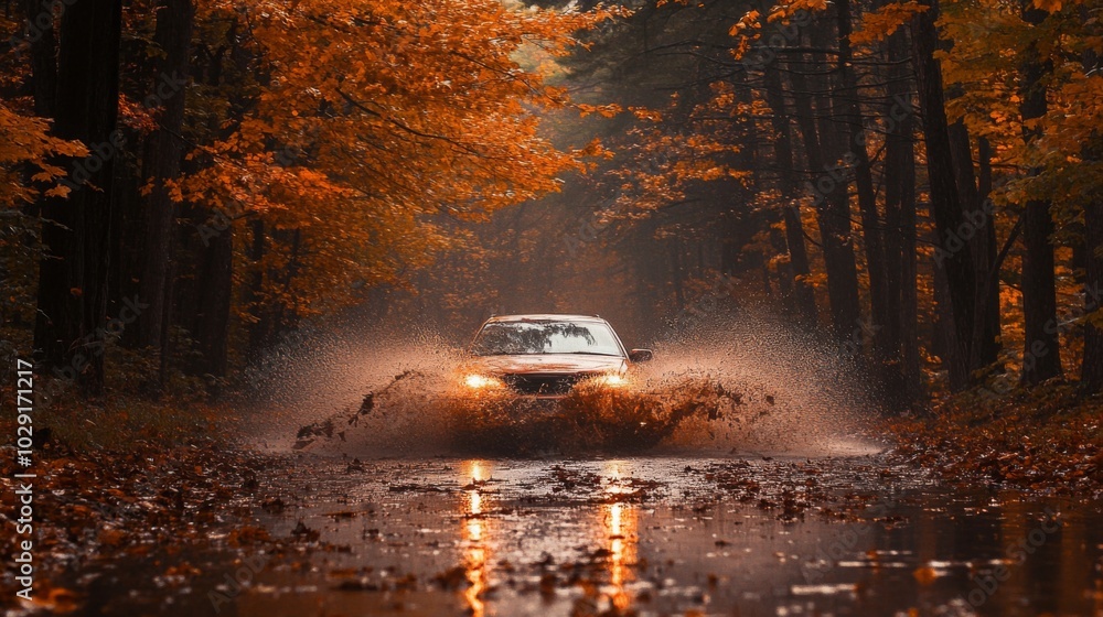 Poster a vehicle splashes through puddles on a wet road in a forest filled with colorful autumn leaves. the