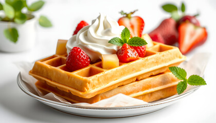 Delicious homemade waffles with whipped cream and fresh fruit. Served on a paper tray or plate. Home production plant isolated with white highlights, png