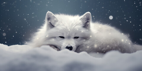 Obraz premium Portrait of a fluffy arctic fox sleeping in the falling snow and a vast grey sky with snowflakes