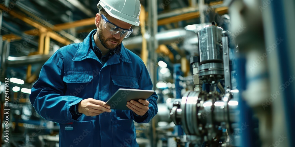 Poster engineer troubleshooting technical issues in a factory environment