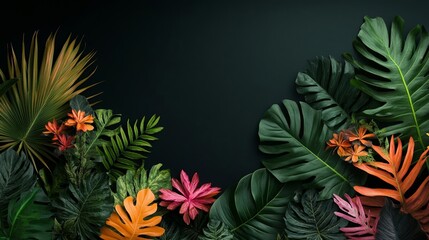 Lush tropical jungle with vibrant green, orange, and pink plants against a dark backdrop, exotic leaves and flowers, vivid colors, dramatic natural scene