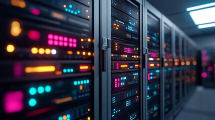 Obraz premium High-tech data center with glowing server racks, vibrant neon lighting, modern technological infrastructure, futuristic and sleek digital environment