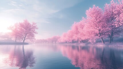 Pink trees are reflecting in the still water of a lake at sunrise