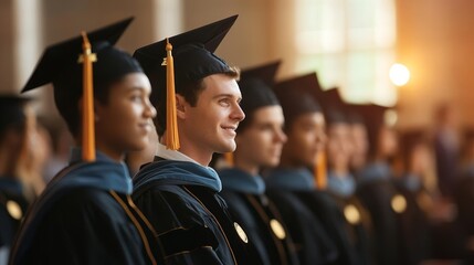 University graduation scene with students in academic regalia, warm glowing background, festive and proud atmosphere, symbolic of accomplishment