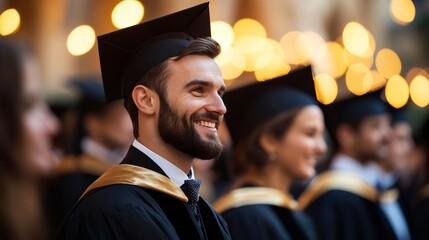 Fototapeta premium University graduation scene with students in academic regalia, warm glowing background, festive and proud atmosphere, symbolic of accomplishment