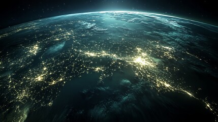 Fototapeta premium Earth at night, seen from space, shows bright lines of communication and connection. This represents the global network of business, finance, and the internet.