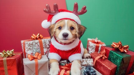 Cute puppy in a Santa outfit with holiday gifts, colorful festive background.