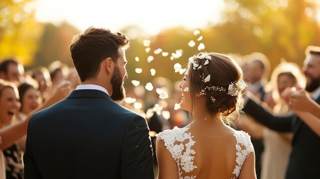 Bride and groom sharing a joyful moment as petals fall, surrounded by cheering guests, vibrant wedding ceremony, warm sunlight and festive celebration