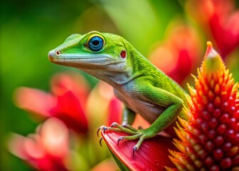 Fototapeta premium Small Green Lizard on Vibrant Red Tropical Flower in Akaka Falls State Park, Hawaii - Nature Photography