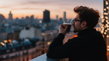 A man enjoys coffee on a balcony overlooking the city skyline during sunset in a vibrant urban setting