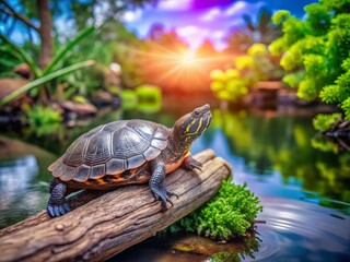 Obraz premium Small Turtle on a Branch in Serene Landscape Photography