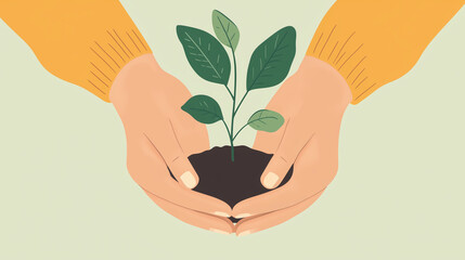 A pair of hands holding a small plant, representing care for the environment and nurturing growth, Organic and eco friendly, vector and minimalistic