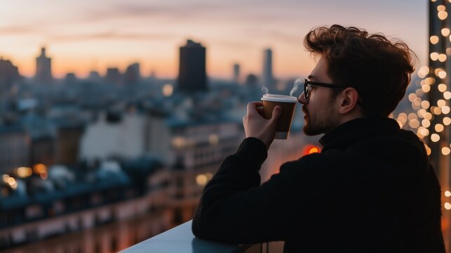 A man enjoys coffee on a balcony overlooking the city skyline during sunset in a vibrant urban setting