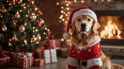 Golden retriever in a Christmas outfit beside the decorated tree and gifts.