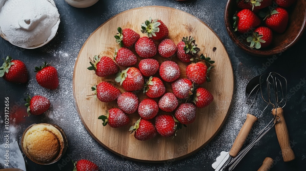 Poster top view of fresh strawberries and cake-making utensils on a circular cutting board, creating a perf