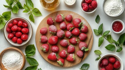 Top view of strawberry cake ingredients beautifully arranged on a circular wooden board with fresh berries and green leaves.