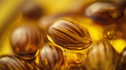 Organic jojoba seeds displayed with golden oil
