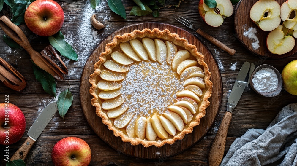 Poster top-down image of a baking workspace, showcasing apple tart preparation with neatly arranged tools, 