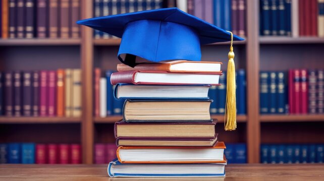 Graduation cap atop stack of books in library setting.