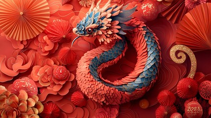 A playful paper-cut snake mascot coiling around "2025," accompanied by decorative fans and stylized zodiac icons, delicate swirling patterns, vibrant red and gold colors,