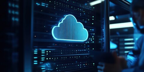 IT team deploying a new cloud solution for a company, configuring settings and monitoring server health.