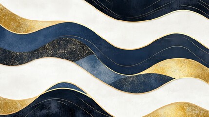 This elegant design features flowing waves in black, white, blue, and gold.  It has a modern, minimal look with geometric shapes and a luxurious feel. The gold pattern adds a touch of sophistication.