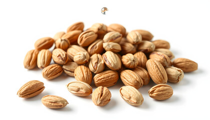 Obraz premium Whole, shelled and blanched almond nuts falling isolated on white background. Vertical drop isolated with white highlights, png
