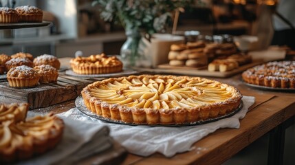 Zoomed-out shot of a baking workshop, with apple tarts being prepared in a neatly arranged space, with simple fabric and decor accents.
