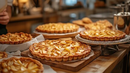 Fototapeta premium Zoomed-out shot of a baking workshop, with apple tarts being prepared in a neatly arranged space, with simple fabric and decor accents.