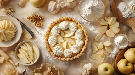 Zoomed-out view of a modern apple tart workshop, with baking tools and ingredients neatly placed on fabric-covered surfaces.
