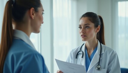 Doctor in a white coat having a professional conversation.