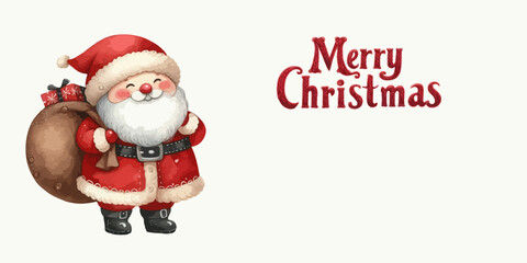 Merry Christmas watercolor card with cute Santa Claus.