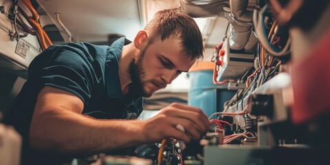 Mechanic repairing the electrical system of a boat, troubleshooting the wiring in a cramped engine room.