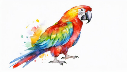 A vibrant macaw, a splash of color!  Its iridescent plumage shines, a masterpiece in watercolor.  The bird stands poised, a tropical jewel.