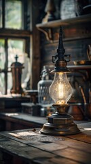 Old lamp on a wooden desk, 4K hyperrealistic photo