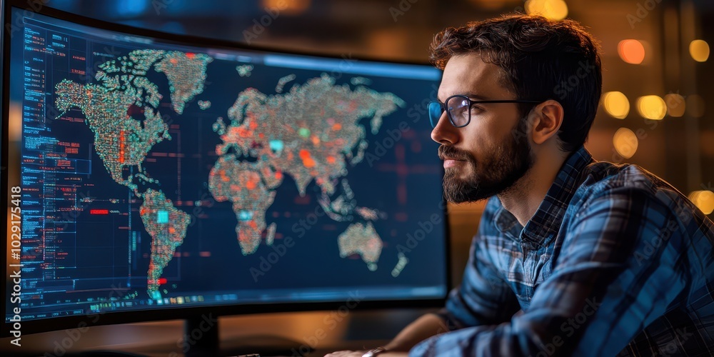 Poster operations manager organizing supply chain logistics, tracking shipments on a computer with a world 