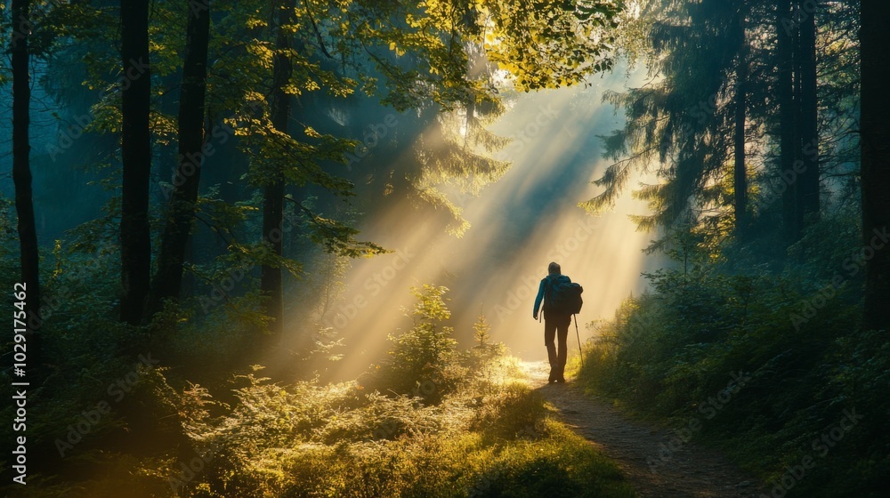 Poster a solitary hiker walks along a forest path enveloped in the warm glow of sunlight breaking through t
