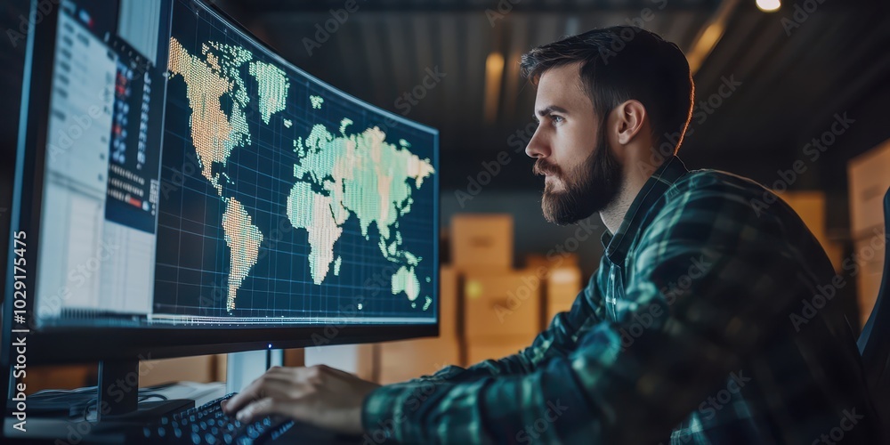 Poster operations manager organizing supply chain logistics, tracking shipments on a computer with a world 