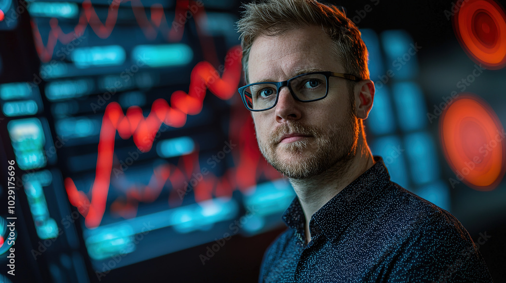 Poster a focused individual stands before a digital screen displaying dynamic data and graphs, highlighting