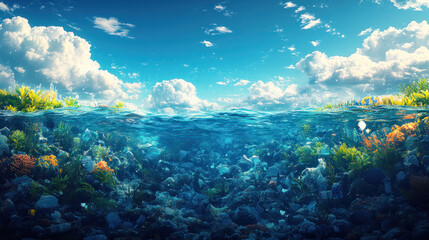 serene ocean scene with vibrant underwater life, showcasing colorful corals and diverse marine plants beneath clear blue sky