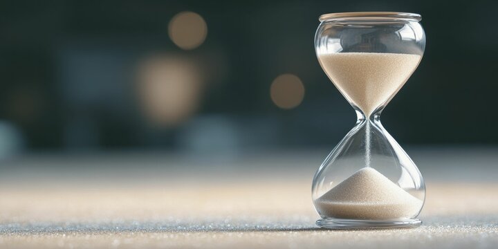 An hourglass with running out sand, time running out, dark dramatic lighting