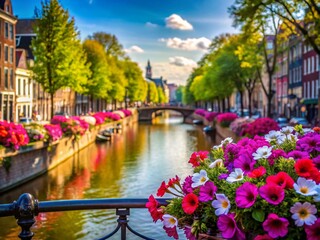 Soft Focus Canal in Amsterdam with Vibrant Bridge Flowers - Scenic Photography