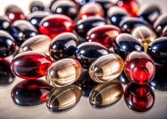 Soft Gel Capsules Pile on White Background - Dietary Supplements Photography